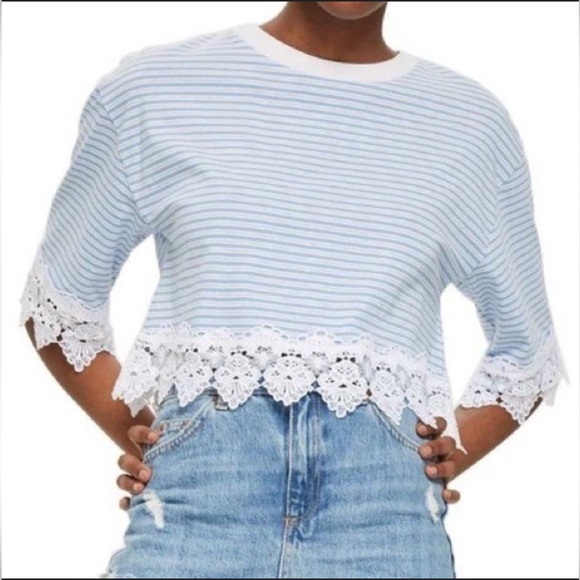 Topshop Blue and White Crop T-Shirt with Lace - Picture 1 of 5